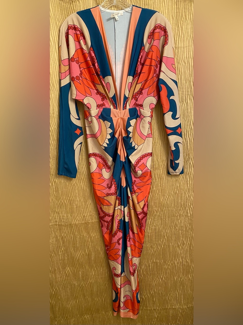 Her.. Bottari brand - Deep V Twist-Front Long Sleeve Dress in Teal & Coral Print